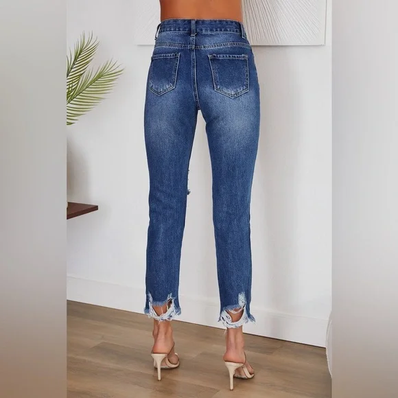 (H9616-DNM) STRAIGHT LEG DENIM PANTS WITH DISTRESSED HEM AND KNEES - Picture 3 of 4